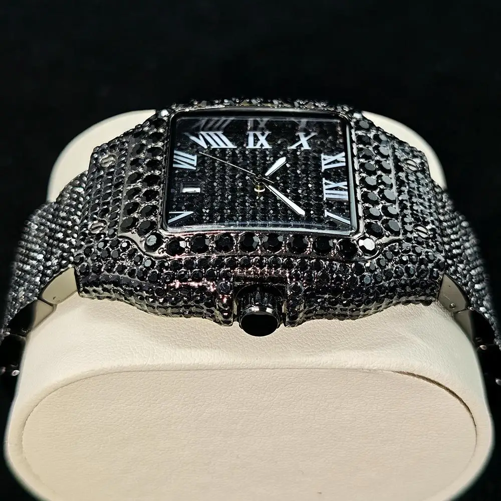 Cool Black Ice Watch For Men Brand UNIGUET Luxury Stainless Steel Quartz Timepiece Man Hip Hop Diamond Square Wristwatch New - Image 4