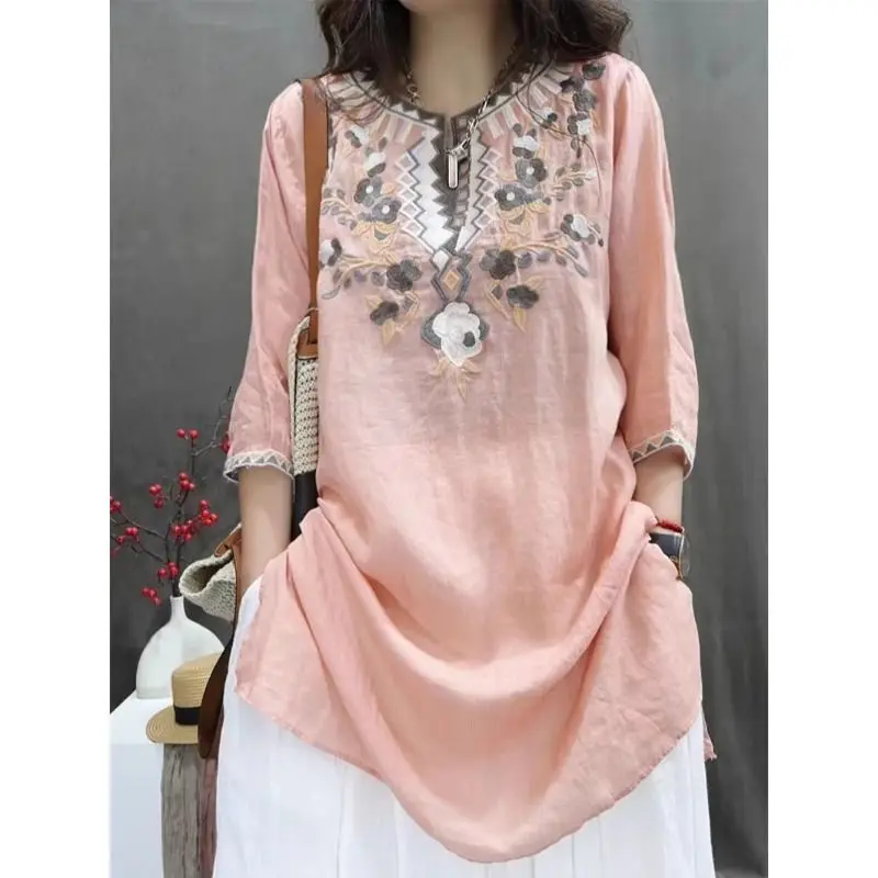 Camisa de mujer de industria pesada de verano Vintage bordada de longitud media suelta de algodón y lino elegante Jersey informal Top para mujer