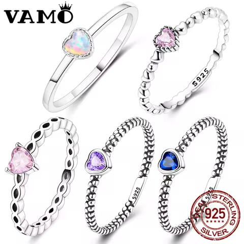 VAMO Original 925 Sterling Silver Ring Dewdrop Zircon Heart Series Rings Woman Sparkling Wedding Rings Girls Jewelry Anniversary