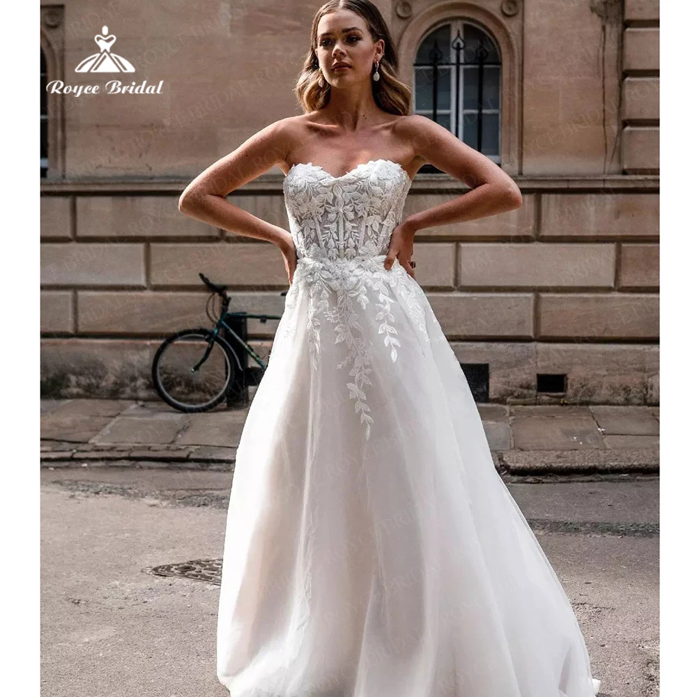 Roycebridal trouwjurk恋人aラインブラッシュピンクのウェディングドレスレースアップリケ掃引列車のウェディングドレスローブデのみ |