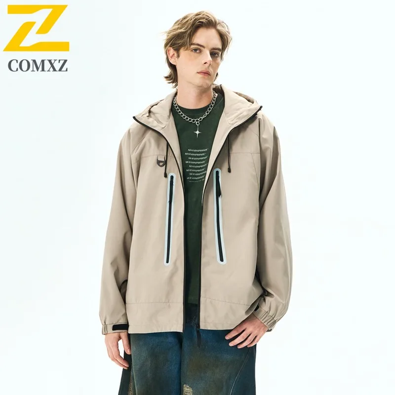 

COMXZ Mens Jacket Trendy Hooded Outdoor Adventure Wear Resistant Lightweight Jacket Travel Windproof Autumn Motorcycle Coat