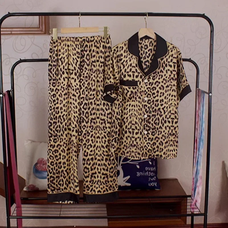 Sexy Leopard Sleepwear Shirt Trouser Suits Female Pajamas Set Loungewear Loose Casual Homewear Spring Summer Ice Silk Nightwear