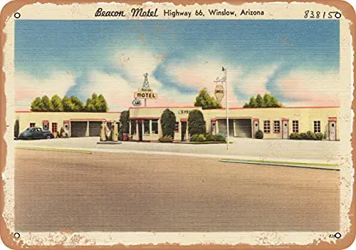 Metal Sign Arizona Postcard - Beacon Motel, Highway 66, Winslow, Arizona - Vintage Rusty Look