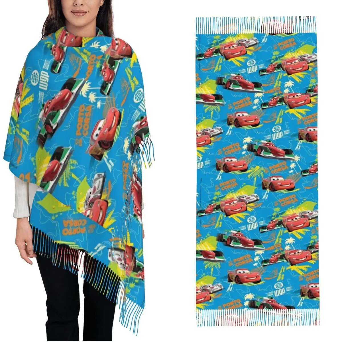 Women's Scarf with Tassel Cars Lightning McQueen Long Winter Warm Shawl Wrap Life Is A Highway Gifts Pashmina Scarves