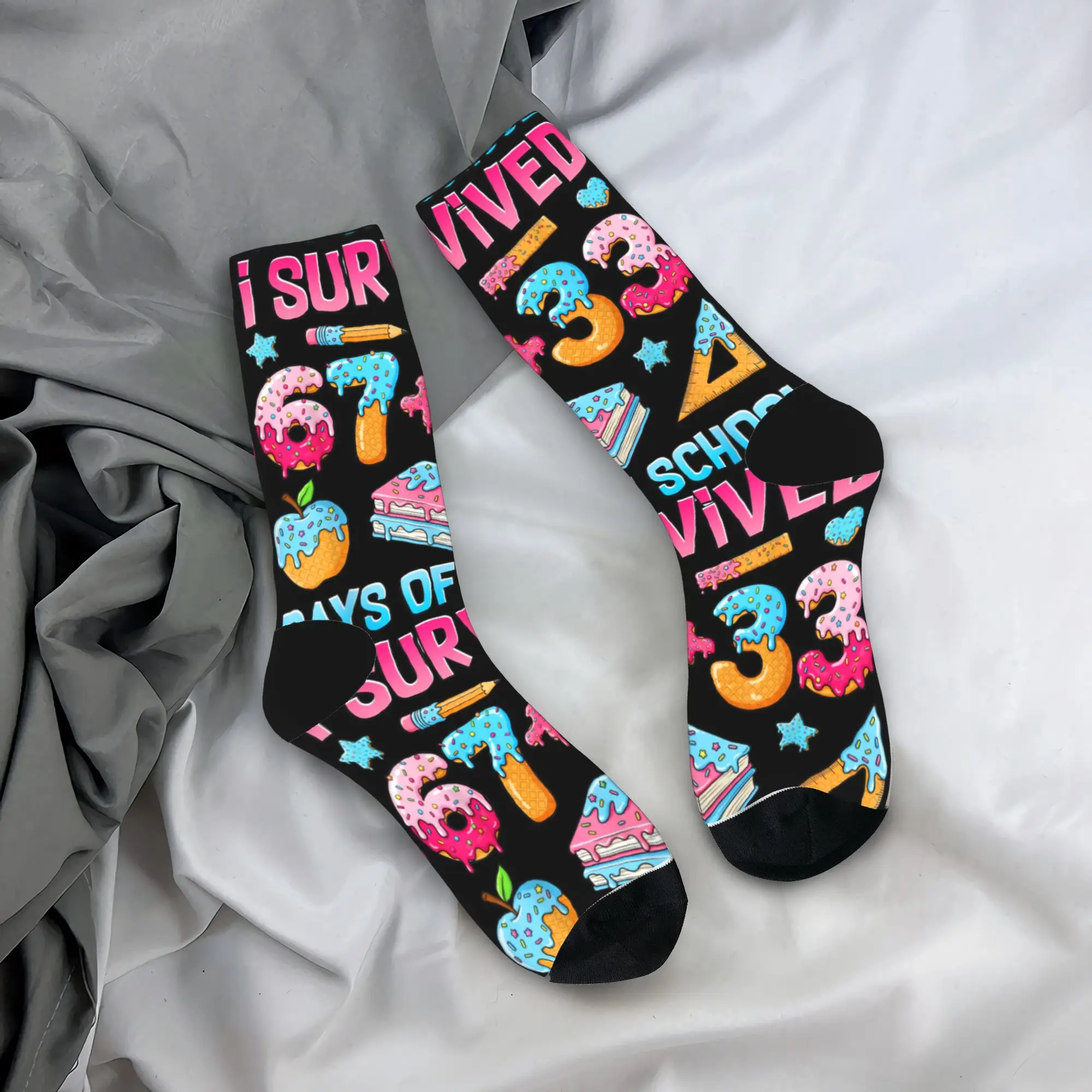 

I Survived 67 33 Days of School 100 Days of School 67 Meme Socks Autumn Funny Men Soft Breathable Socks Pattern Skateboard Socks