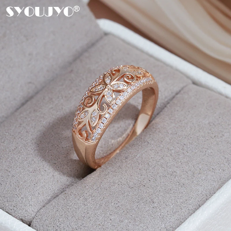 SYOUJYO Natural Zircon Pave Setting Women's Ring 585 Rose Gold Color Hollow Crystal Flower Bride Wedding Rings Vintage Jewelry