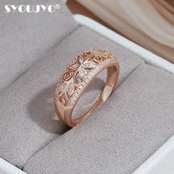 SYOUJYO Natural Zircon Pave Setting Women's Ring 585 Rose Gold Color Hollow Crystal Flower Bride Wedding Rings Vintage Jewelry