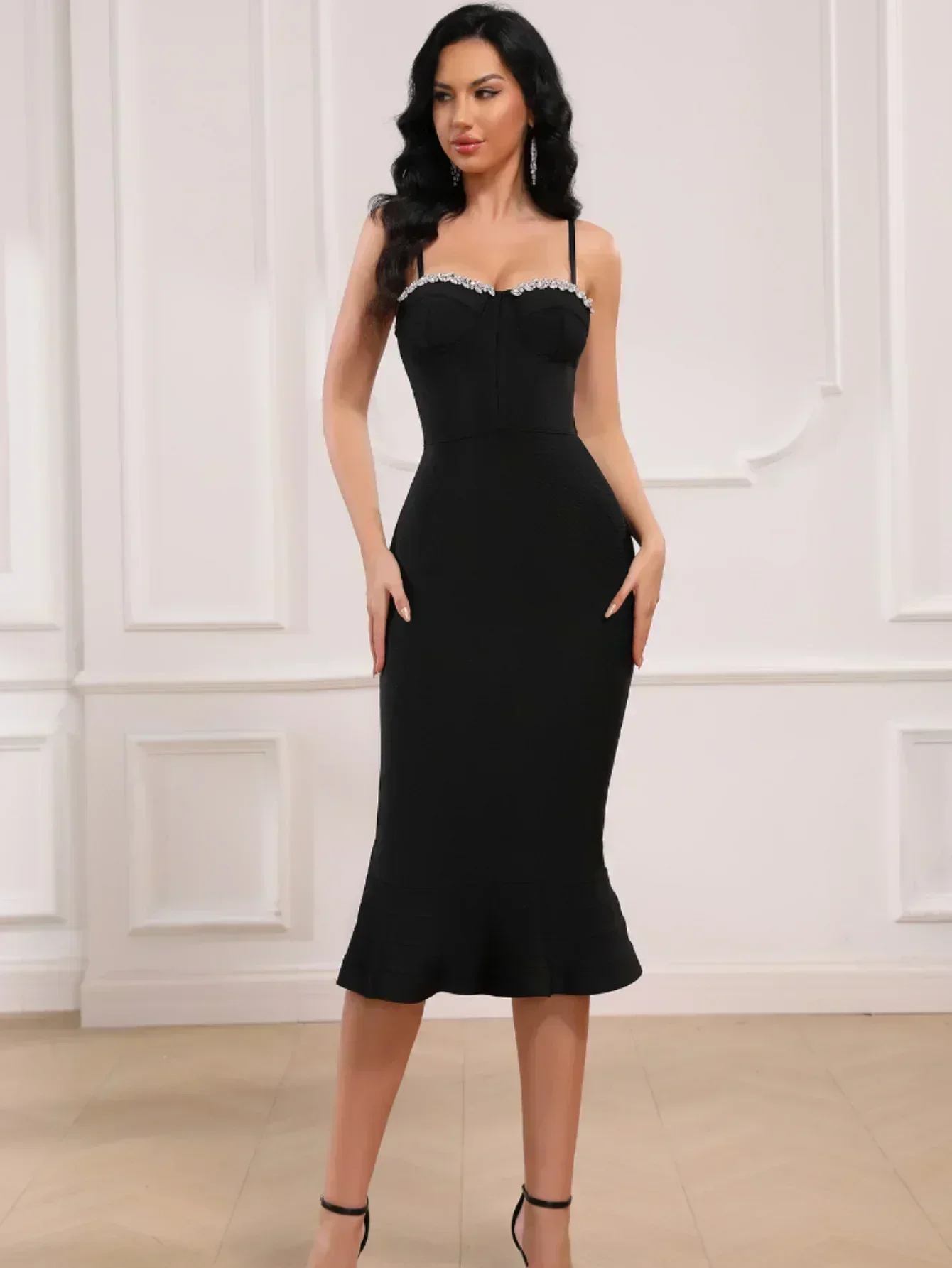 Black Bandage Dress 2024 New Tight Sexy Handmade Nail Diamond Cocktail Party Celebrity Banquet Dance Elegant Evening Dress