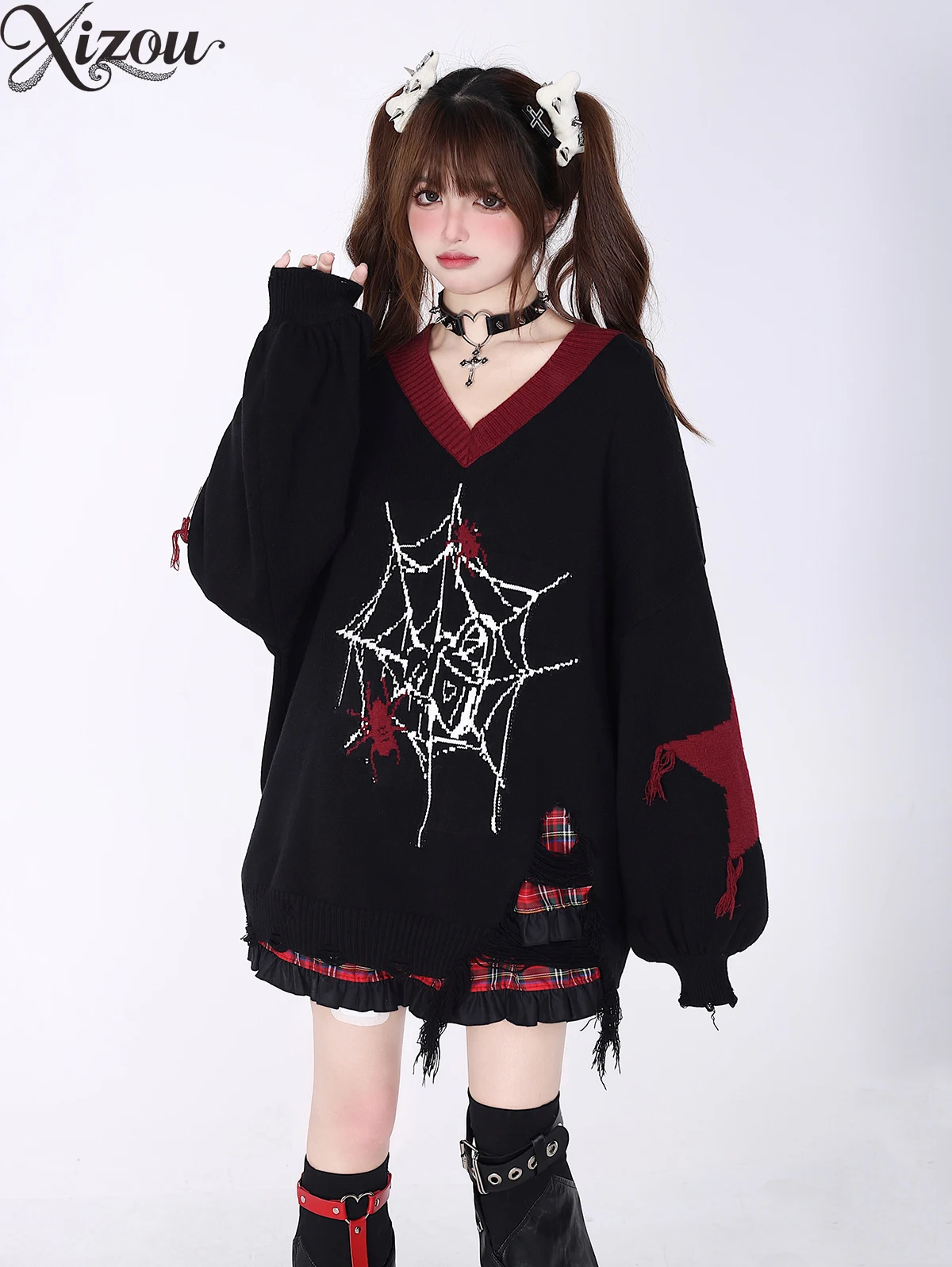 

2025 Y2K Gothic Knitted Sweaters Women Autumn Winter Harajuku Grunge Oversized Loose V-Neck Hole Tassel Ripped Streetwear Tops