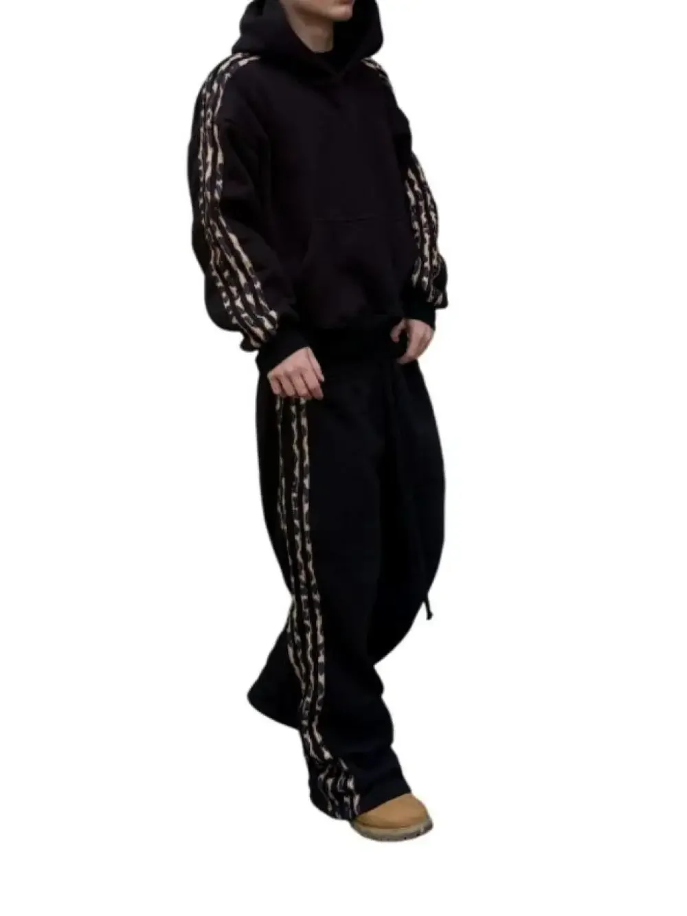 Europeu e americano retro lado listrado hoodie y2k moletom casual masculino hip-hop design de moda jaqueta e calças casuais