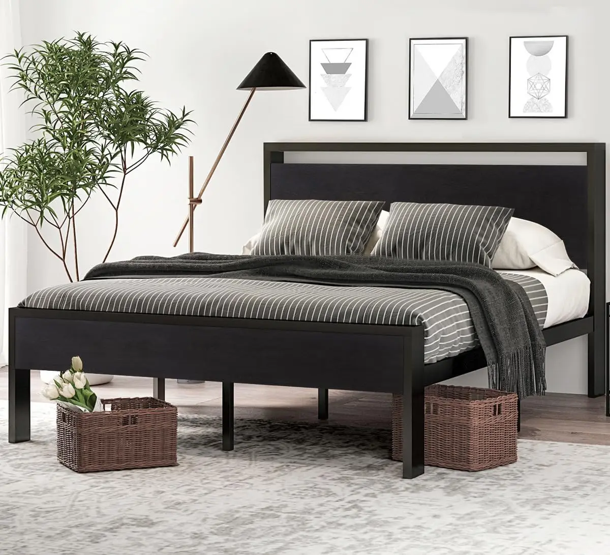 Full Size Industrial Metal Platform Bed Frame with Wood Headboard and Footboard, 12-Inch Under-Bed Storage, Black Oak