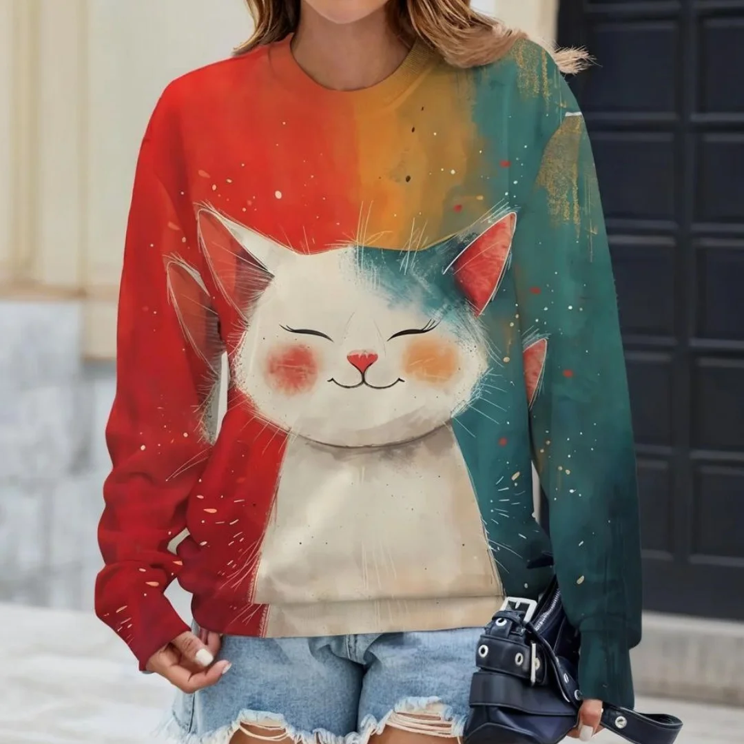 

Women's Long-Sleeved T-Shirt for Fall Loose-fitting Casual Long-Sleeved Top Cartoon Cat Print OverSize Women's Clothing