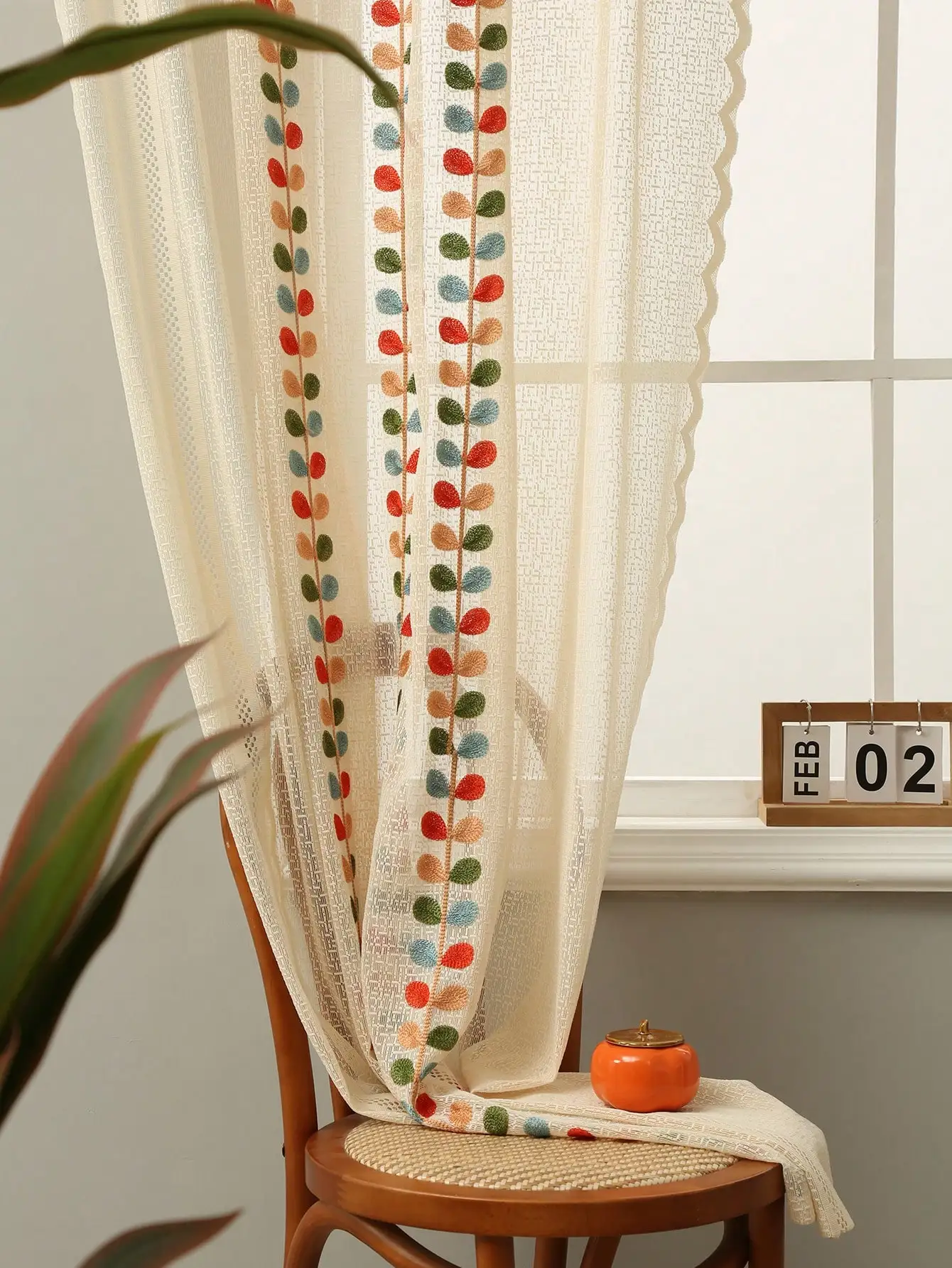 Khaki four-color embroidered leaf curtains, rustic style living room curtains, one piece set