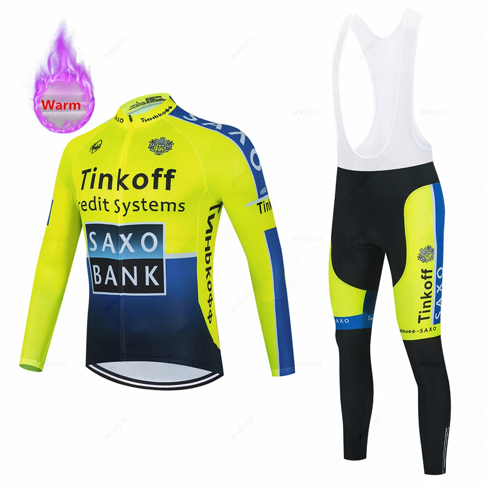 Tinkoff Saxo Bank Team Winter Thermal Fleece Cycling Clothes Men\'s Jersey Suit Outdoor Riding Bike MTB Clothing Warm Bib Pants