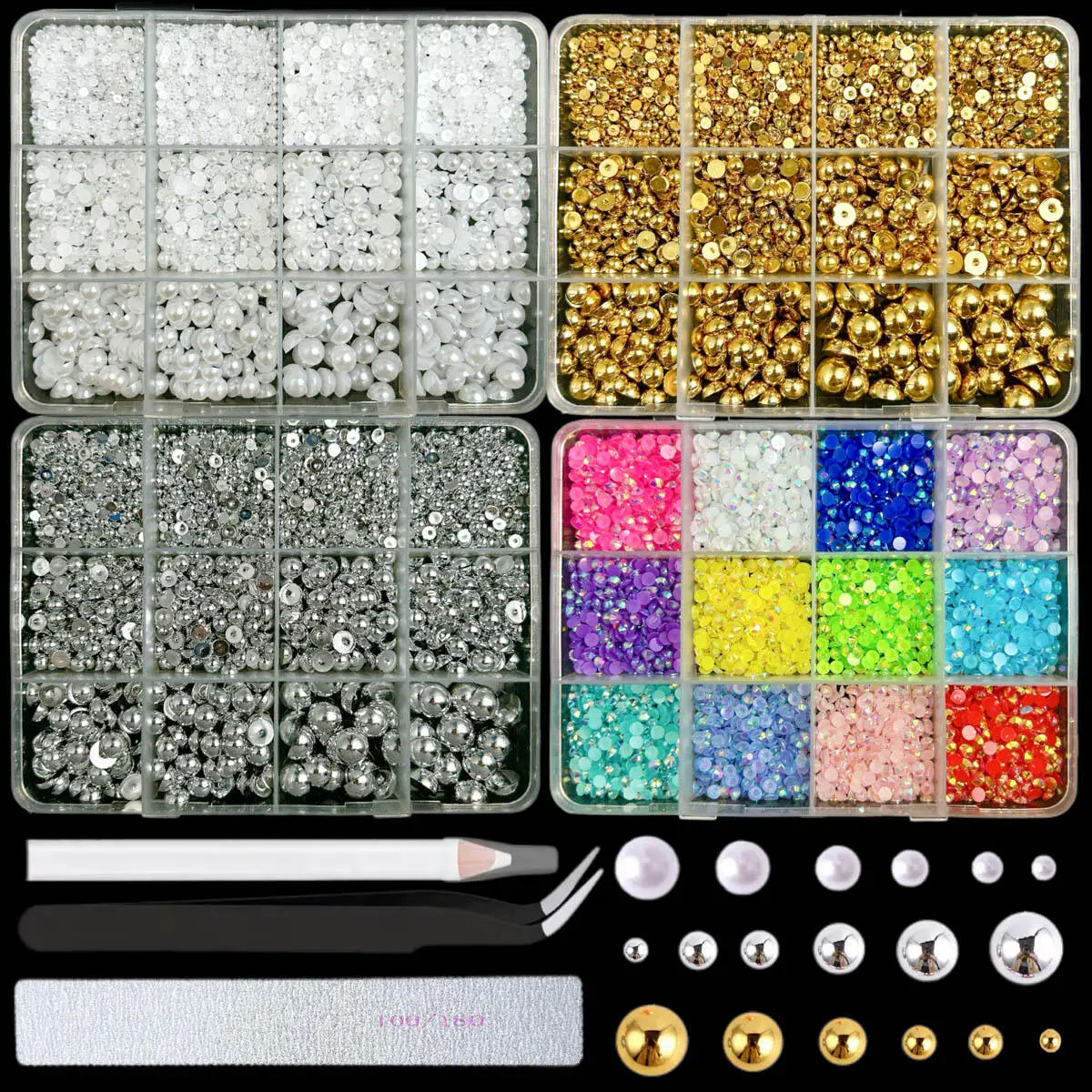 1 Set Of 4 Boxes Multi Style Rhinestone Simulation Pearl Nail Art Charm Colorful Flower Rose Bow Nail Art Decoration DIY Crafts