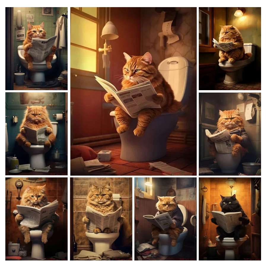 Grande gatto toilette lettura giornali pittura diamante fai da te mosaico completo arti strass ricamo immagine animali decorazione della parete