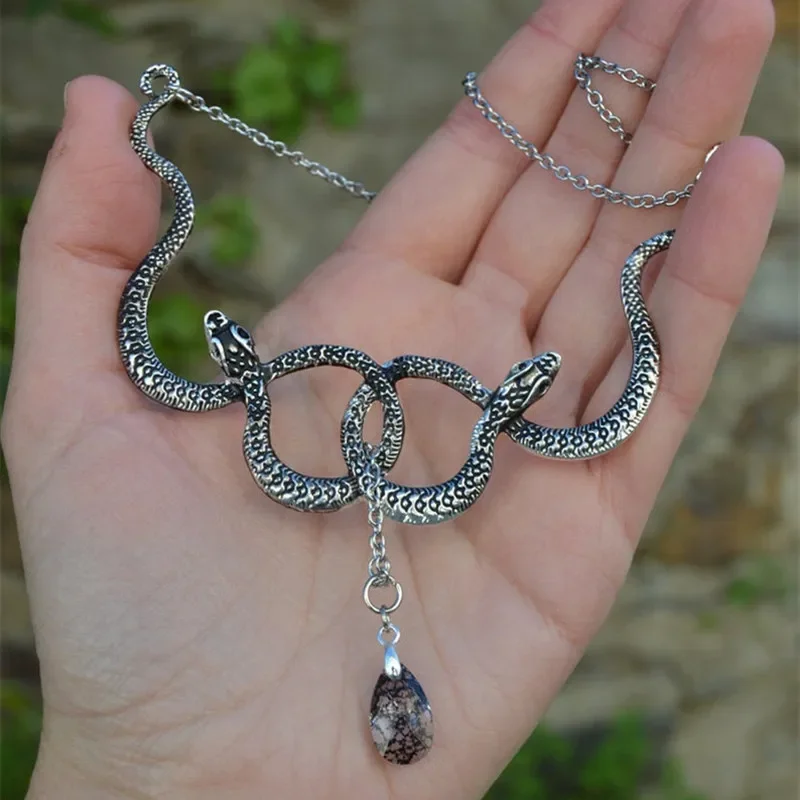 Gothic Double Snake Entanglement Witch Necklace with Crystal Pendant Medusa Snake Necklace Women's Fashion Jewellery Gifts