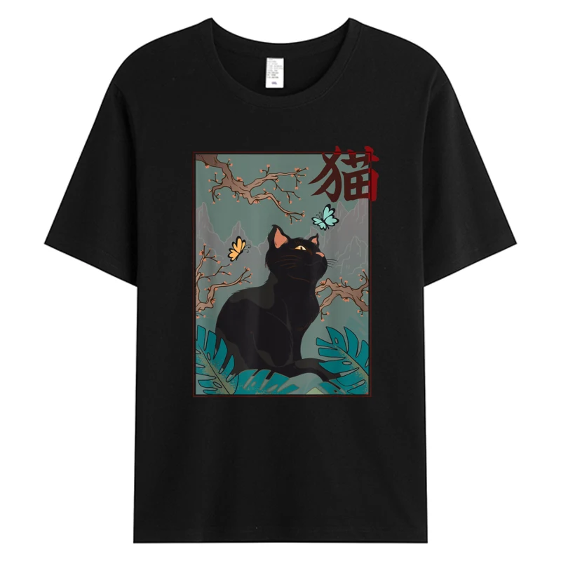 

Cherry Blossom Cat Vintage Woodblock Japanese Graphical Art Men's Cotton Fabric Slim Fit Tshirts 5XL T-shirt Dropshipping