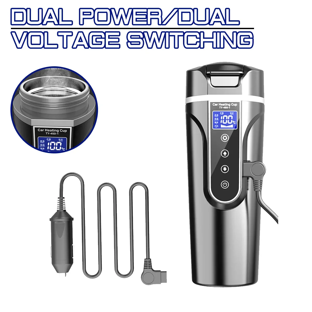 

DC 450ml 12V/24V Stainless Steel Car Heating Cup Electric Water Cup LCD Display Temperature Kettle Coffee Tea Milk Heated