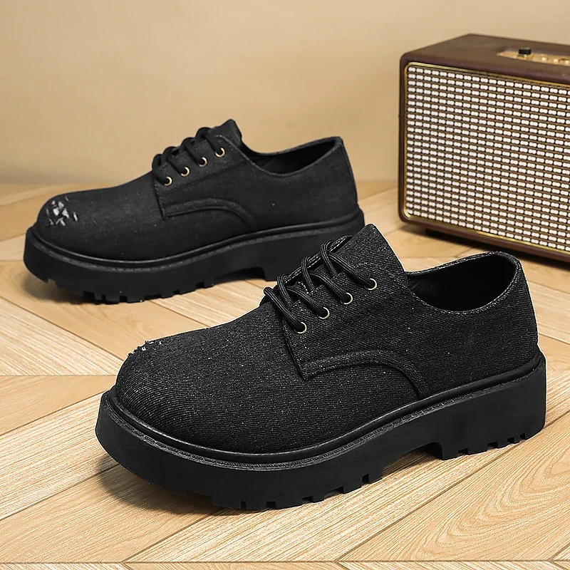 

Pop Niche Denim Ripped Derby Shoes, American Canvas Big-headed Thick-soled Man Shoes