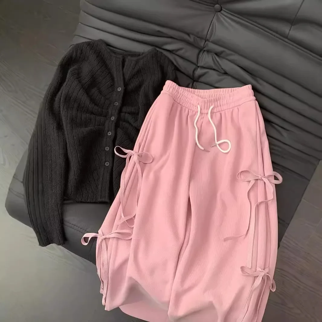 Trendy American Y2K Bow Knot High Waist Pink Sports Pants Spring and Summer Women Casual Slim Lazy Lancet Grey Wide-leg Pants