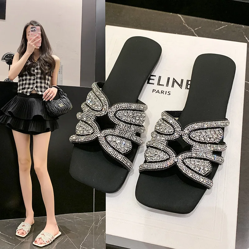 2024 New Fashion Temperament Summer Fashion All-match Large Size Women\'s Shoes Rhinestone Slippers Female Summer Wear