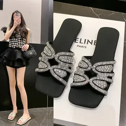 2024 New Fashion Temperament Summer Fashion All-match Large Size Women's Shoes Rhinestone Slippers Female Summer Wear