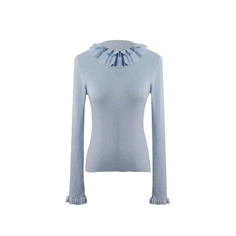 

Женский двухслойный свитер с рюшами, осенне-зимний тонкий однотонный пуловер, топы из смеси шерсти