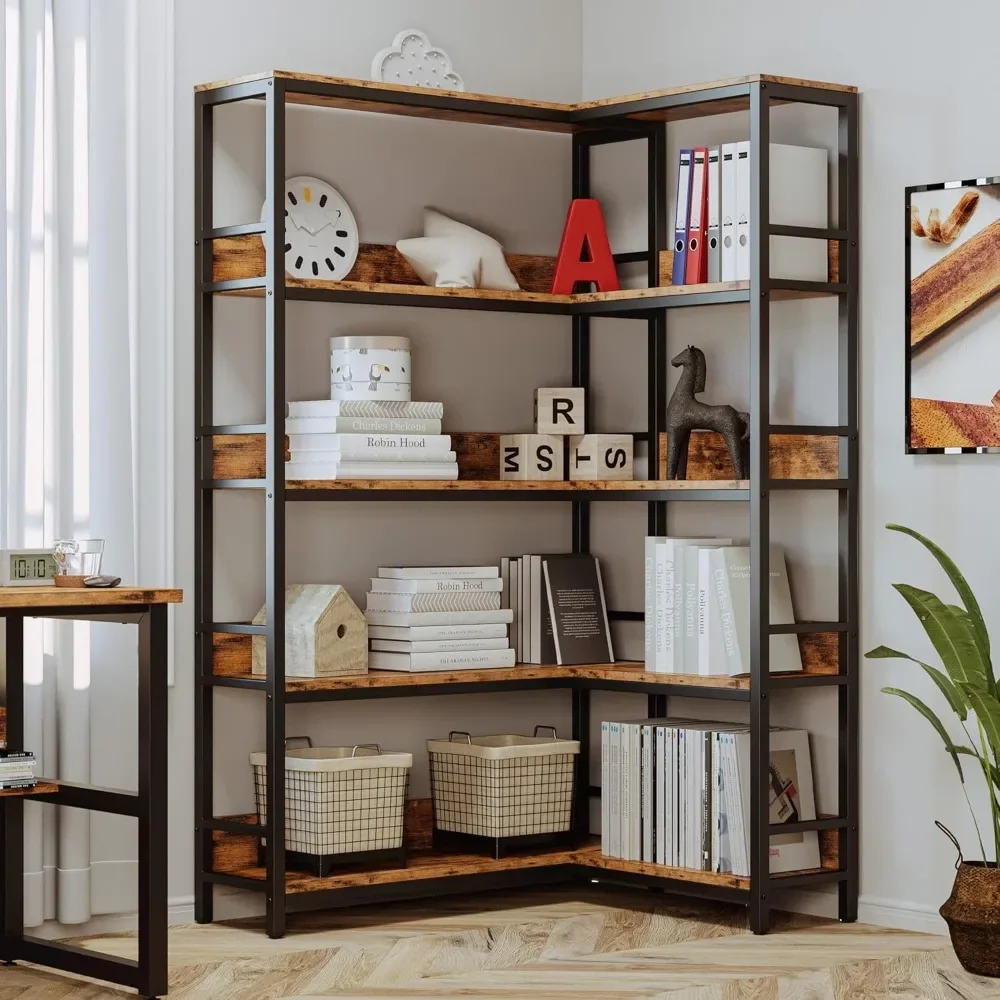 5 Tiers Corner Bookcases with Baffles Etagere Shelf Storage Rack with Metal Frame for Living Room Home Office