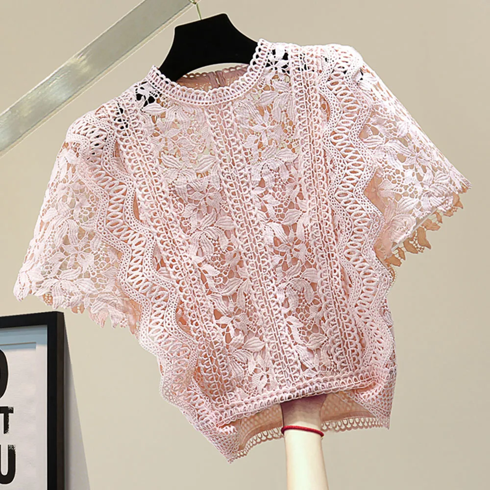 Elegant Lace Hollow Out Design Slim Blouse Women O Neck Flying Short Sleeve Solid Blusas Summer 2022 New Shirt Feminino