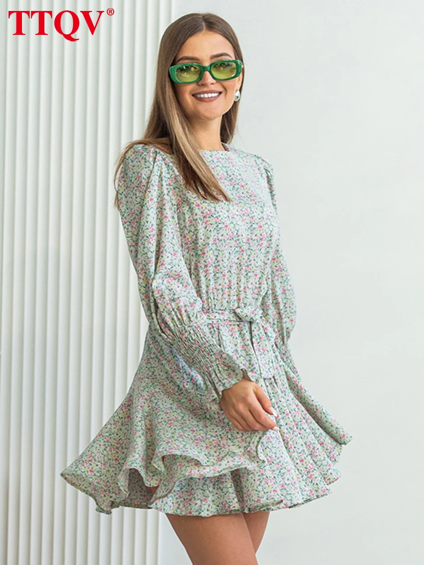 

TTQV Fashion Loose Print Women's Dress 2026 Casual O-Neck Long Sleeve Mini Dresses Elegant Classic Lace-Up Female Dress
