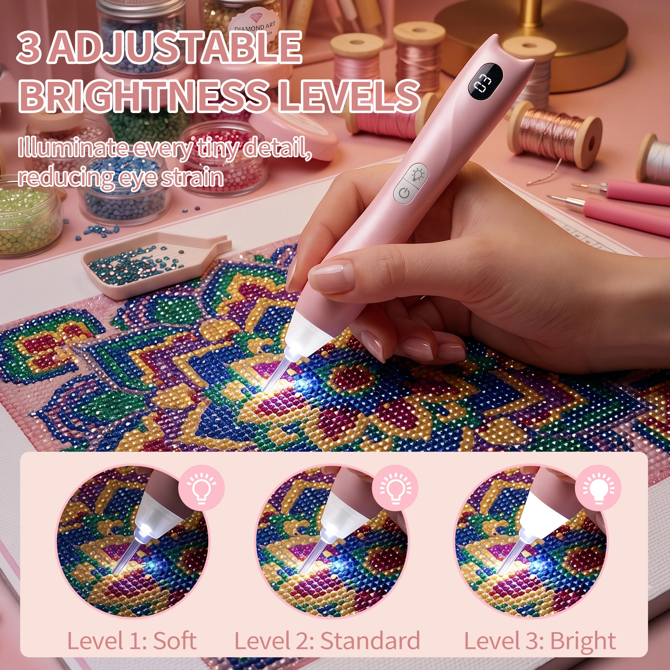 Stylo de peinture au diamant électrique lumineux avec embout à ventouse, rechargeable par USB avec éclairage LED, aspiration silencieuse, sans cire requise