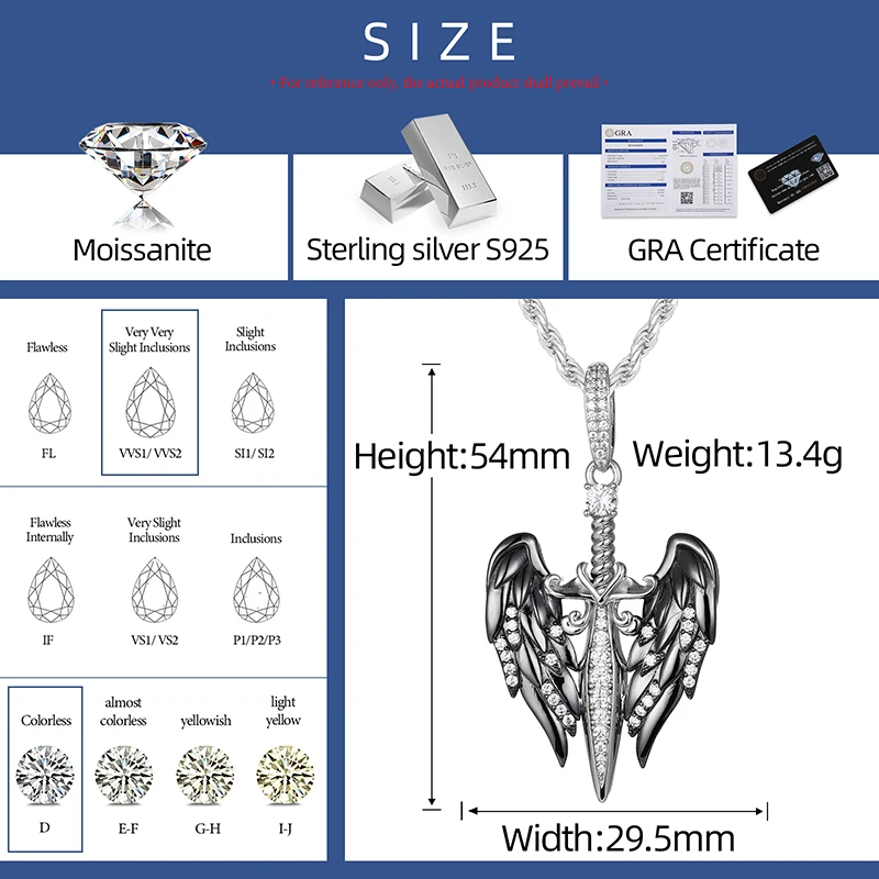 New Original S925 Sterling Silver Angel Wings Sword Pendant Necklace Real Moissanite Custom Chain for Men Women Charm Jewelry