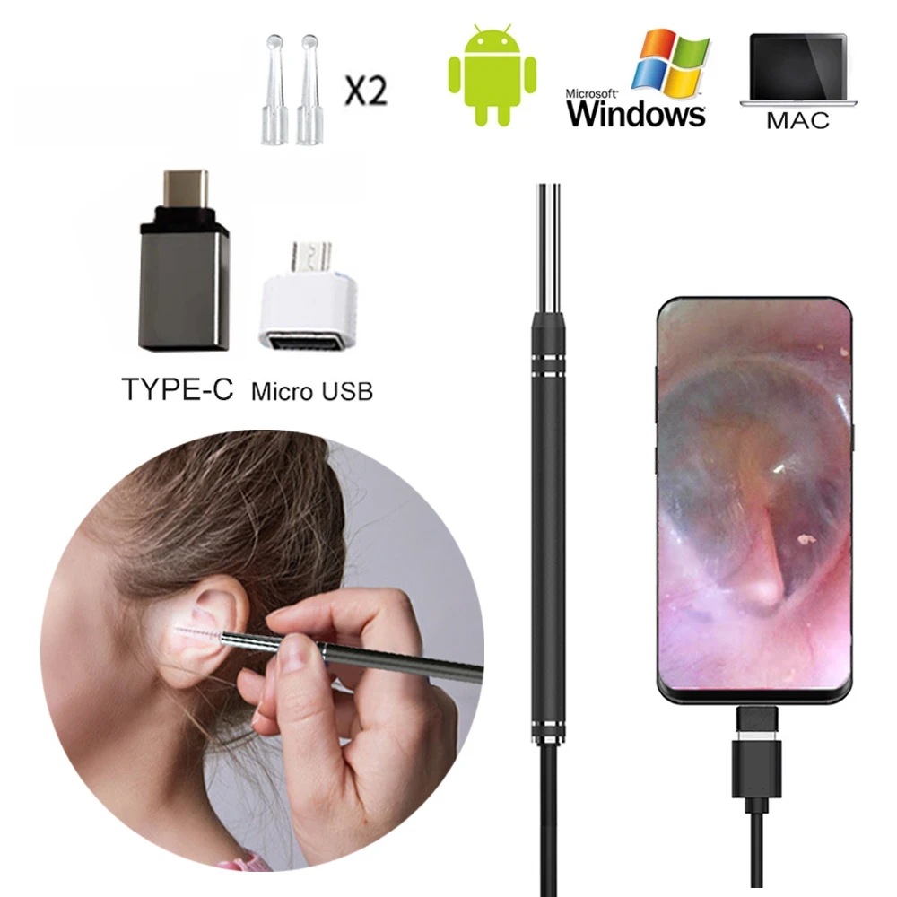 USB Phone Ear Otoscope For Android HarmonyOS Megapixels Ear Scope Inspection Camera 3In1 Digital Endoscope Earwax Cleaner Tool