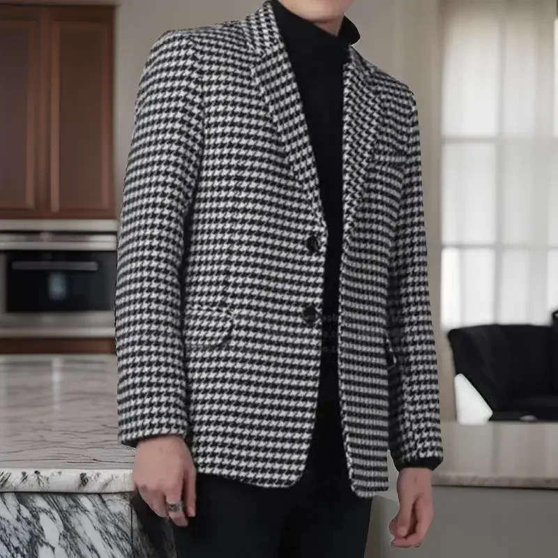 

Slim Fit Plaid Men Suit Jacket 1 Piece Houndstooth Wedding Male Blazer Two Buttons Check American Style Groom Suit