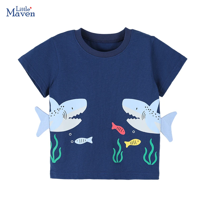 Little Maven 2026 Neue Sommer-Babykleidung für Jungen, Oberteile, T-Shirts mit Cartoon-Hai-Motiv, T-Shirts für Teenager
