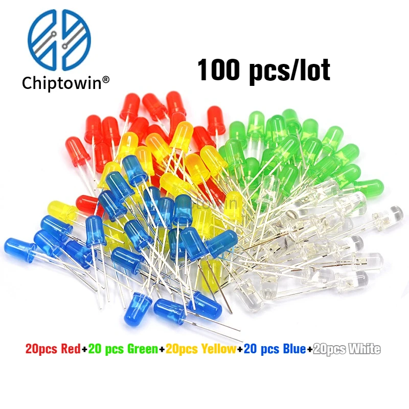 

100 pcs High Quality 5mm LED Light Emitting Diode F3 Red Green Yellow Blue White DIP Lamp Bead 5 kinds, 20 pieces each
