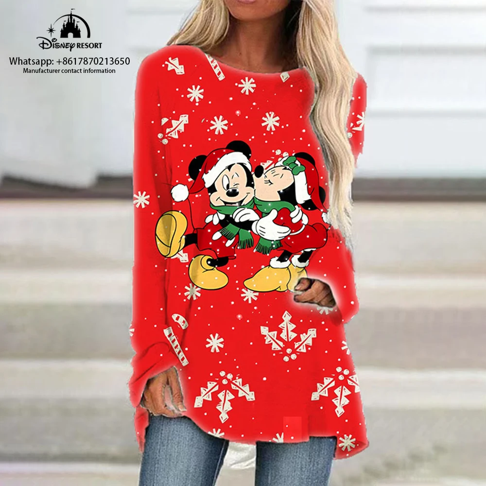 Autumn Christmas New Ladies Round Neck Loose Long Sleeve T-Shirt Disney Minnie Anime Fashion Casual Raglan Sleeve Dress