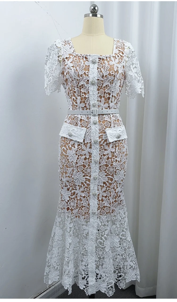 

French Style Blue Floral Lace Prom Dress Women Elegant Square Neck Short Sleeve Party Wedding Guest Dresses Vintage Style Robe