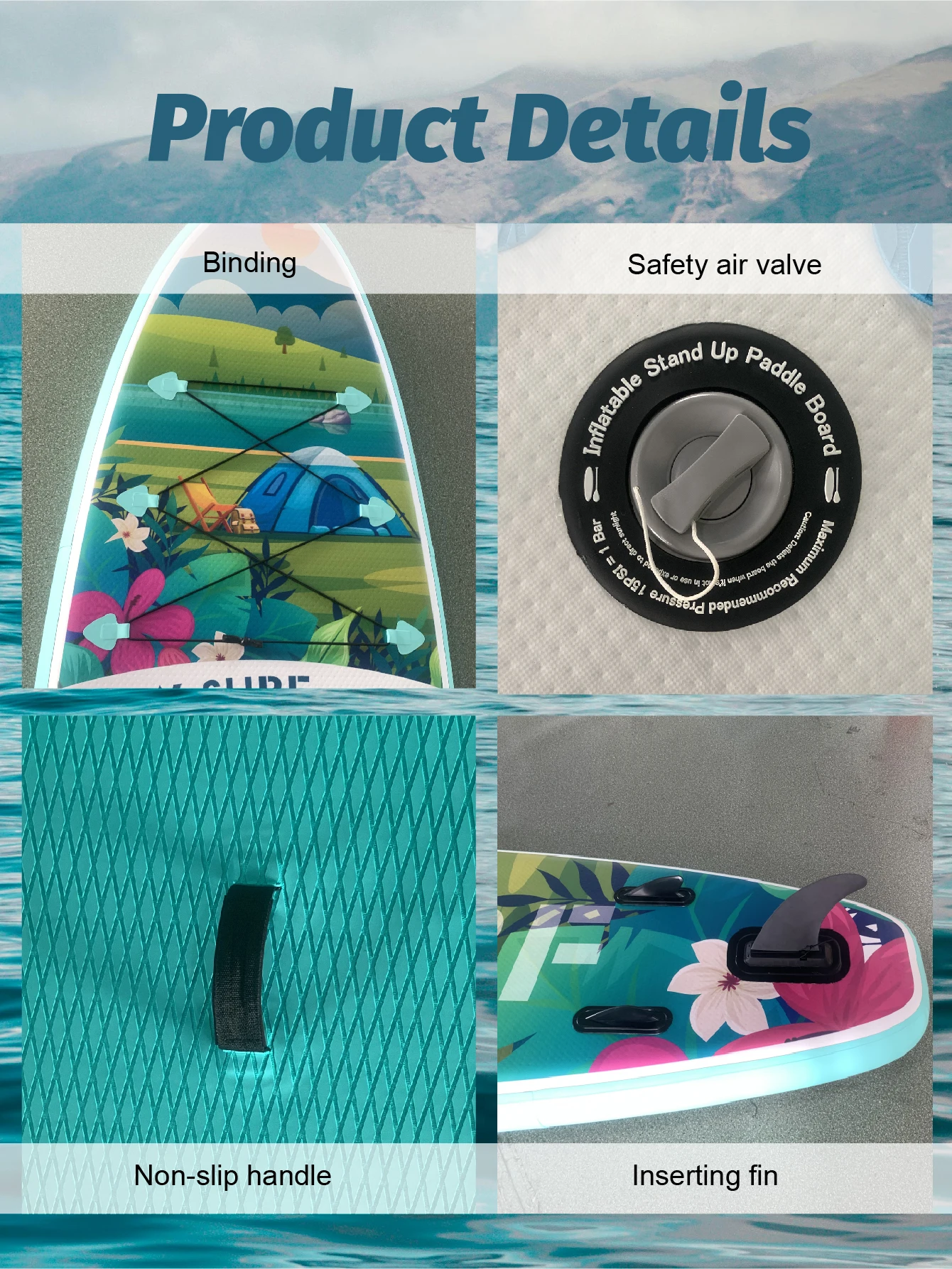 Deska SUP (Stand-Up Paddle Board) z pompką, akcesoriami, plecakiem, linką bezpieczeństwa, odłączanymi płetwami, wiosłem i zestawem naprawczym.