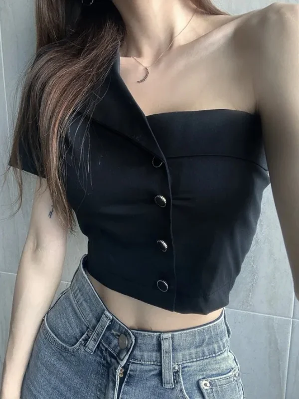 ฤดูร้อนไหล่ไม่สม่ําเสมอผู้หญิง ort irt Pure Desire การออกแบบปุ่มเดียวเกาหลี Sle Slim Fit ไม่มียี่ห้อเดินทางลม