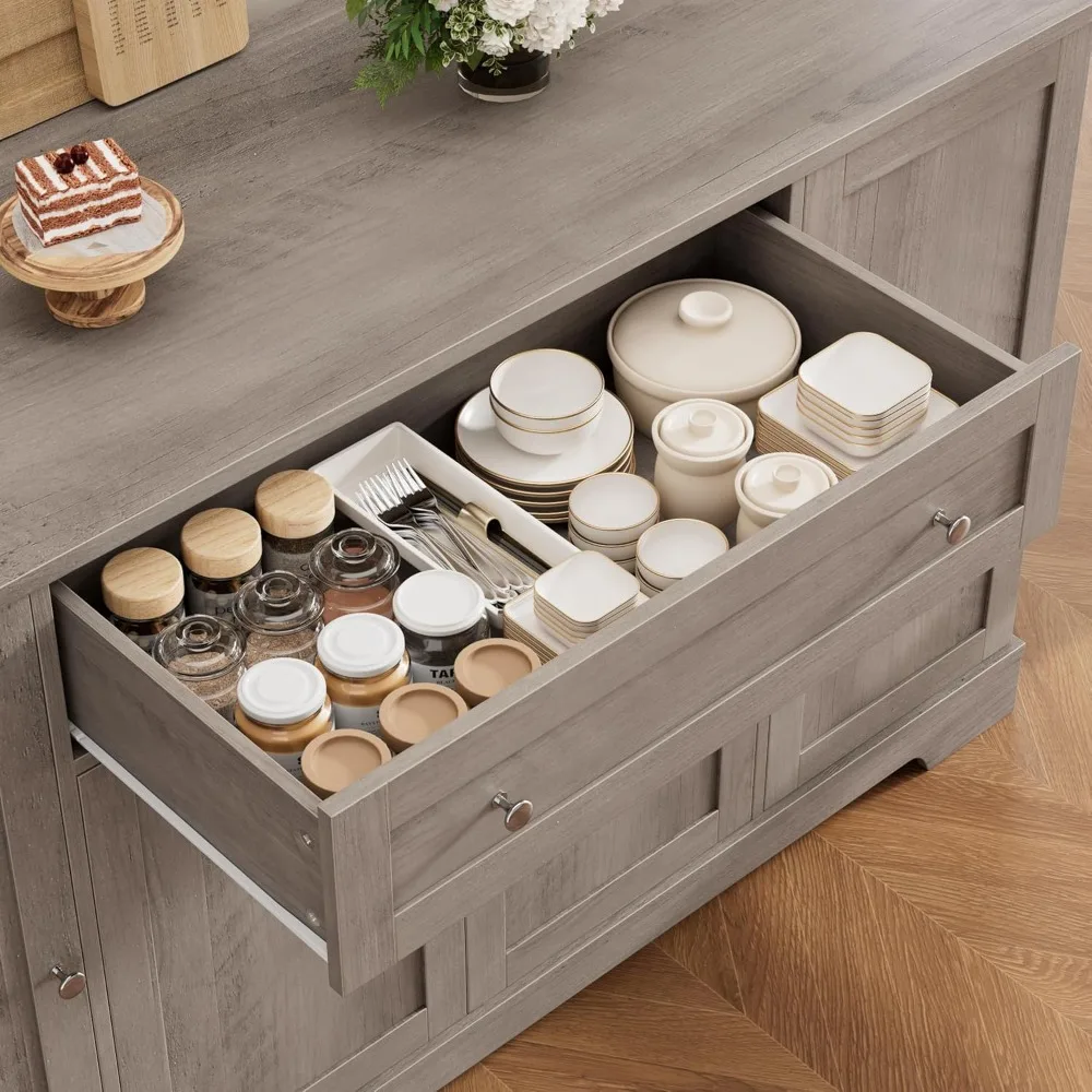 خزانة بوفيه مقاس 54 بوصة مع مساحة تخزين، وخزانة جانبية للمطبخ الحديث مع درج، ومحطة بار قهوة خشبية مع أرفف قابلة للتعديل #4