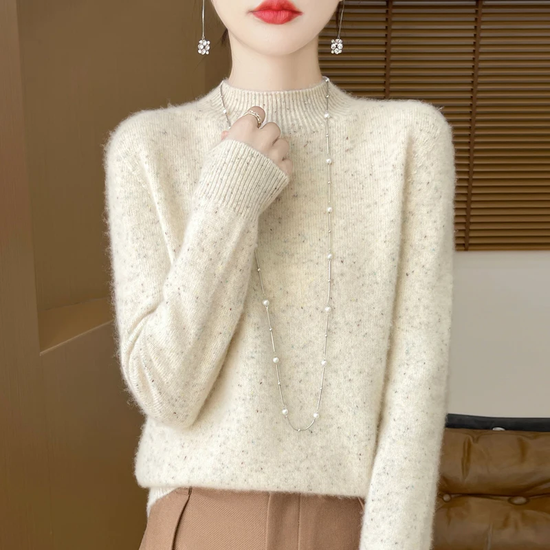 Half height collar Women sweater Long Sleeve Casual Top Knit Elegent Wool Dot yarn Knitwear Autumn Winter Mock Neck Pullover