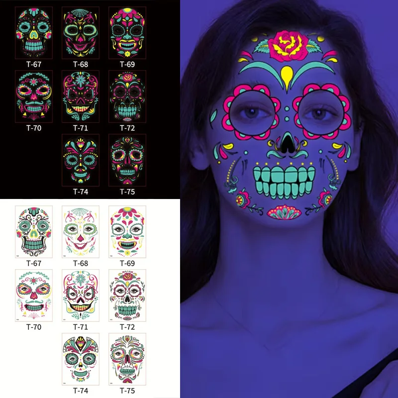 

Facial Halloween Makeup Sticker Waterproof Temporary Tattoos Day Of The Dead Fluorescent Face Tattoos Dress Up Decoration Party
