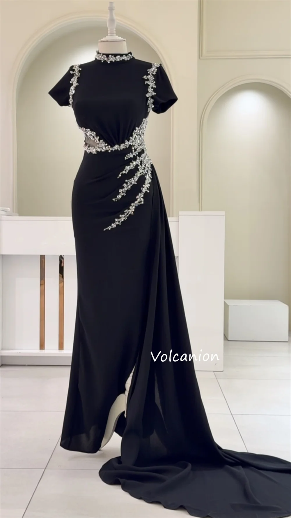 Customized Jersey Sequined Beading High Collar A-line Long Dresses Bespoke Occasion Classic Exquisite Formal Evening