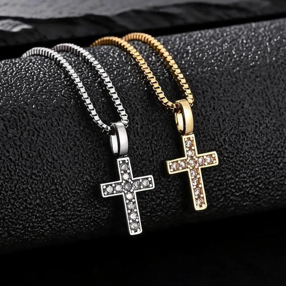 Hip Hop Cross Necklace for Men,Punk Small Zircon Cross Pendant Necklace with 50cm Stainless Steel Square Box Chain Jewelry