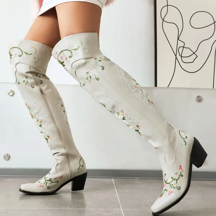 Vintage Embroidered Flower Western Cowboy Boots Pointed Head Square Heel Zipper Over Knee Boots Large Size Sexy Women's Boots