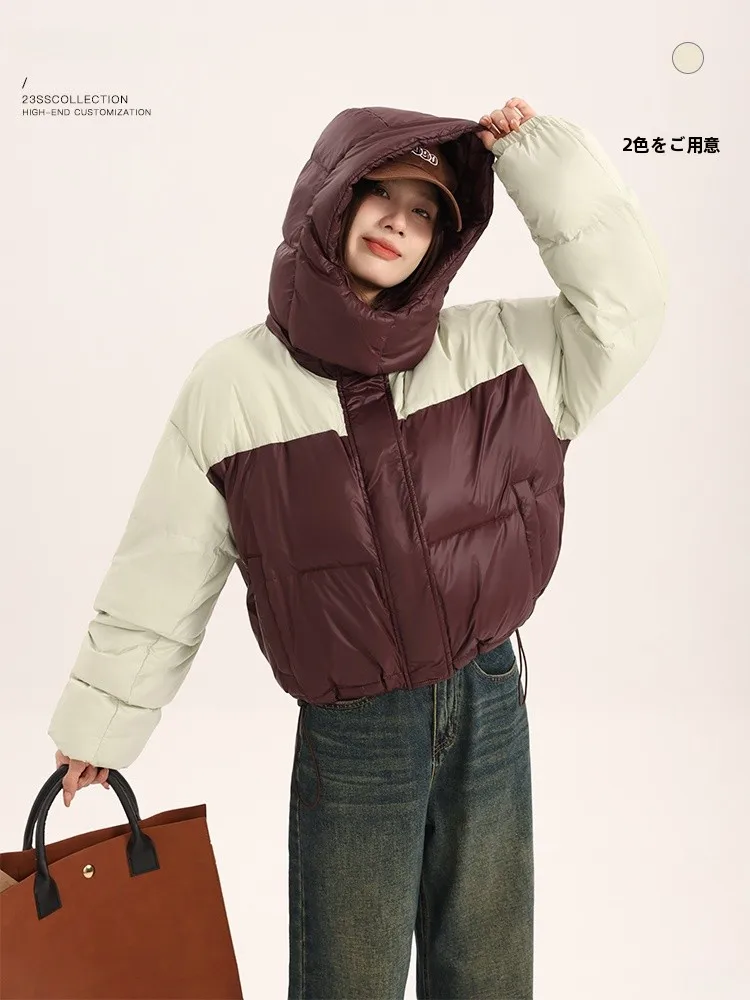 

Color Block Hooded Short down Jacket Women's Style Yang Pao Pao Commute Fashion Korean Version Slim Fit White Duck down
