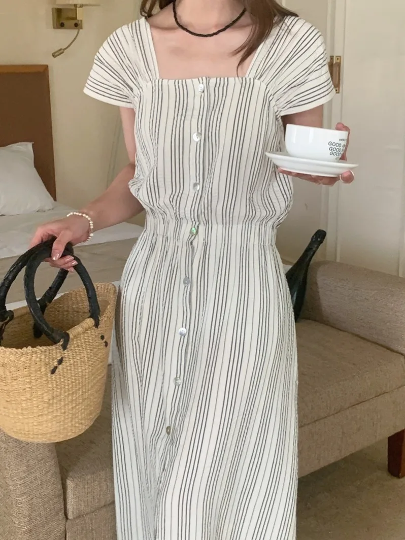 

Chic Vintage Single-Button ort-Sve Striped Dr Women's Regular Fit Midi Dr Casual Versatile for Various Ocns