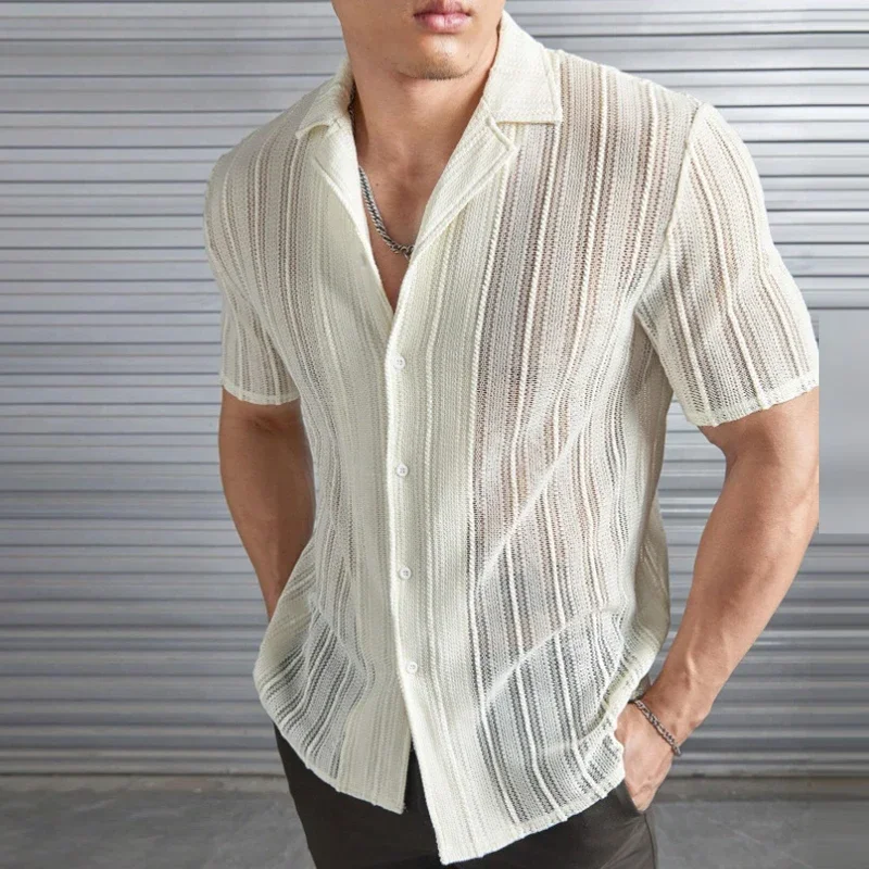 Men's Shirts Spring Sexy Pure Breathable Hollow Crochet T Shirt Men Summer Short Sleeve Button Lapel Casual Knitted Top Cardigan